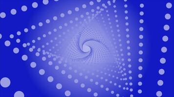 Triangular spiral tunnel of dots. Motion. Simple tunnel made of triangular spiral. Points in spiral tunnel with triangles. Visual hypnotic effect video