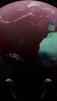 Space made in computer graphics. Design. A black background with the planet earth rotating in a circle with drawn oceans and seas and metrics. video
