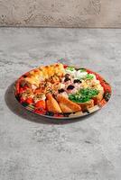 sushi is a Japanese dish of prepared vinegared rice, usually with some sugar and salt, accompanied by a variety of ingredients such as seafood, often raw and vegetables. photo