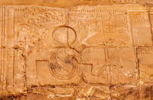 EGYPT, LUXOR - MARCH 01, 2019 ancient Egyptian hieroglyphs, drawings and inscriptions on the walls and columns in the temple of Karnak in Luxor photo