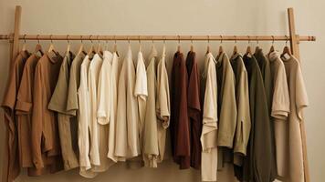 Neutral-toned clothing neatly arranged on hangers in a wardrobe with folded blankets on the shelf above. Minimalistic and organized closet concept video