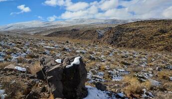 Snow in the mountains, Snow-covered mountain pass, desert plants under the snow in summer photo