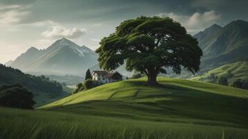 A lush green landscape with a big tree in the foreground photo