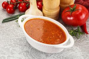 Hot tomato soup with diced chicken photo