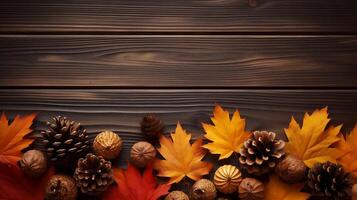 Autumn maple leaves with pine cones on wooden table top view Background with copy space photo