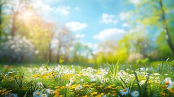 Green grass field with scattered wildflowers and a soft sunny sky backdrop photo