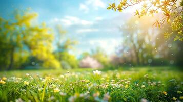 beautiful spring flowers on the green grass in the garden with trees at the morning photo