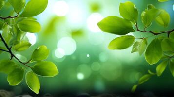 A closeup of a tree branch with green leaves on a green backdrop photo