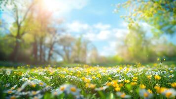 Flowers and green grass field with trees at the morning sunlight blooming background photo