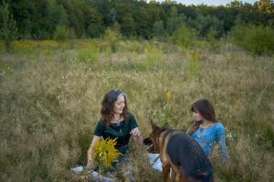 two woman in a whimsical aesthetic style dress with a german shepherd in a field in the summer at sunset photo