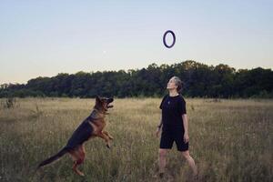 two women play in the field with a german shepherd dog toy at sunset photo