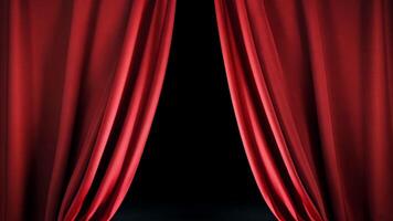 Red curtain open animation, black background. Theater, opera, show or stage presentation video