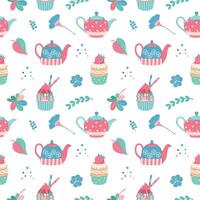 Seamless pattern with teapots, flora and cupcakes. Tea time background. Perfect for kids apparel, greeting card design, fabric print, baby shower, wrapping paper design, baby prints, home textiles. vector