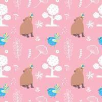 Cute seamless pattern with capybara, tree and bird. Perfect for kids apparel, greeting card design, fabric print, baby prints, wallpaper, wrapping paper design, wallpaper design and home textiles. vector