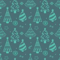 Seamless pattern with Christmas trees and cookies in cartoon style. Green background. Perfect for kids design, decor textiles, fabric print, Christmas cards, wallpaper and wrapping paper design. vector