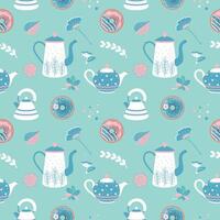 Seamless pattern with teapots, flora and donuts. Tea time background. Perfect for decor textiles, greeting card design, fabric print, baby shower, wrapping paper design, baby prints, home textiles. vector