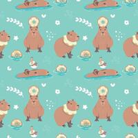 Cute seamless pattern with capybara, bird and lemon donut. Perfect for kids apparel, greeting card design, fabric print, baby shower, wallpaper, wrapping paper design, baby prints and home textiles. vector