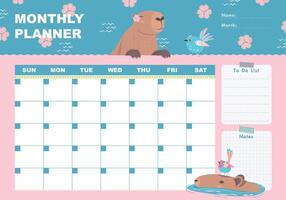 Monthly planner with capybara, floral and bird in flat cartoon style. Schedule template, monthly planner for printing. Cartoon capybara illustration for kids. To do list, Notes. vector