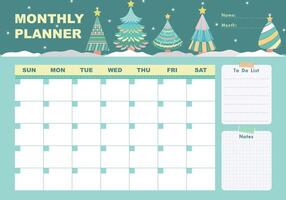 Monthly planner with Christmas trees in flat cartoon style. Schedule template, monthly planner for printing. Cartoon trees illustration for kids. To do list, Notes. vector
