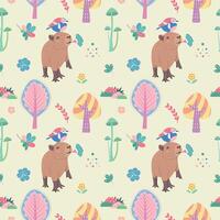 Cute seamless pattern with capybara, tree and mushroom. Perfect for kids apparel, greeting card design, fabric print, baby shower, wallpaper, wrapping paper design, baby prints and home textiles. vector