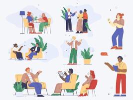 people sitting in chairs and talking on their phones vector