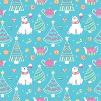 Cute seamless pattern with polar bear, teapot, cookies and Christmas trees. Perfect for kids design, greeting card design, fabric print, wrapping paper design, Christmas cards and decor textiles. vector