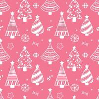 Seamless pattern with Christmas trees and cookies in cartoon style. Perfect for kids design, decor textiles, fabric print, cover design, Christmas cards, greeting cards and wrapping paper design. vector