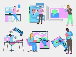 people working on computers and tablets in different ways vector