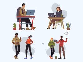 people working on laptops and computers in different poses vector