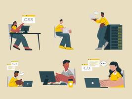 people working on computers and laptops in different poses vector