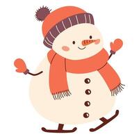 Flat illustration in children's style on New Year's theme. Cute snowman in a hat and mittens skating on ice skates vector