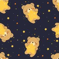 Seamless pattern in child style on dark background. Cute bear flying in space and holding a star in his paws vector