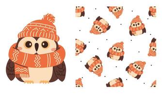 A set of prints for printing on children's products. Seamless pattern and print for printing. Cute owl in winter hat and scarf vector