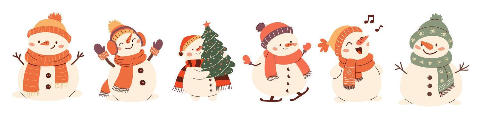 Set of illustrations in children's style on white background. Cute New Year snowmen.