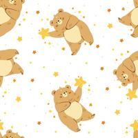 Seamless pattern in children's style on white background. Cute bear cub flying in the sky behind the star vector
