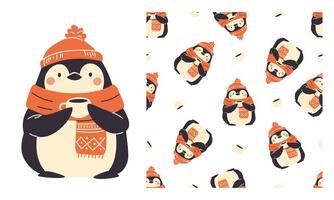 A set of prints for printing on children's products. Seamless pattern and print for printing. Cute penguin in scarf and hat drinking tea. vector
