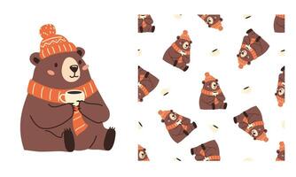 A set of prints for printing on children's products. Seamless pattern and print for printing. Cute bear drinking tea with hat and scarf. vector