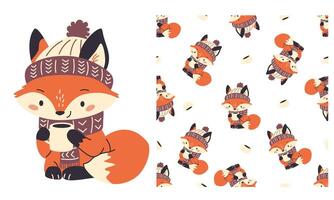 A set of prints for printing on children's products. Seamless pattern and print for printing. Cute fox drinking tea in a hat and scarf. vector