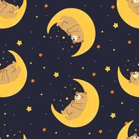 Seamless pattern in child style on dark background. Cute bear cub sleeping on the moon, night and stars all around vector