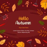 Burgundy background with colorful autumn leaves and copy space. Autumn border frame. Social media post template. vector
