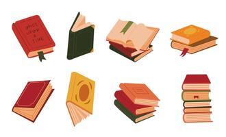 Book stack flat autumn color set. Library, reading, school concept icons. Colorful illustrations on white background. vector