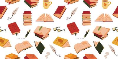 Book stack autumn color seamless pattern. Cute cozy books colorful background. Library, reading, feather, pen, mug, glasses illustrations. vector