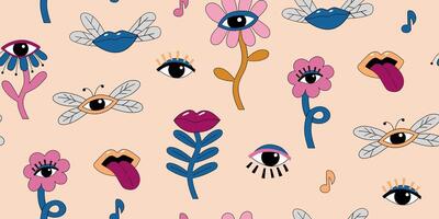 Eye lips surrealism art design background. Psychedelic flowers and insects in the form of eyes, lips. Pop art seamless pattern. vector
