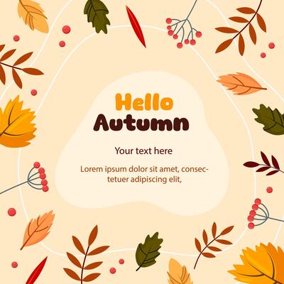 Colorful background with autumn leaves and copy space. Autumn border frame. Social media post template.