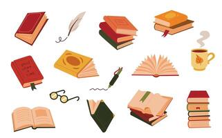 Book stack flat autumn color set. Library, reading, feather, pen, mug, glasses icons. Colorful illustrations on white background. vector