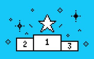 The podium of the winner of the game with prizes and a star in pixel art style. vector