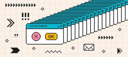 System message screen with arrows and borders in pixel art style. Virus popup. Illustration. vector