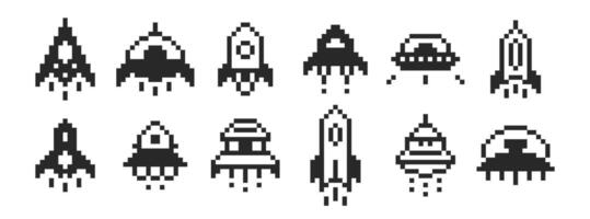 Space invaders in pixel art style. Spaceships for arcade games. vector