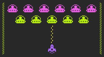 Spaceship shooting to cosmic invaders. Space invaders in pixel art style. vector