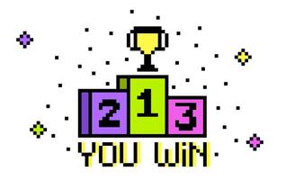 The podium of the winner of the game with prizes and a cup in pixel art style. vector